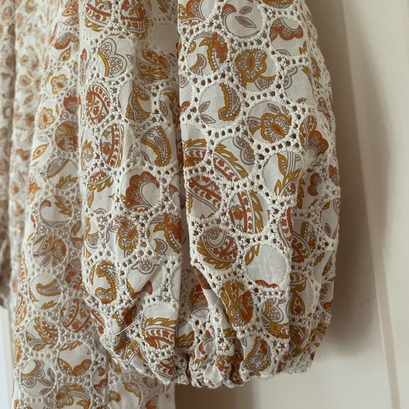 Nordstrom BARDOT Puff Long Sleeve Mini Paisley Tan Dress Button 8 Medium M - Picture 6 of 10